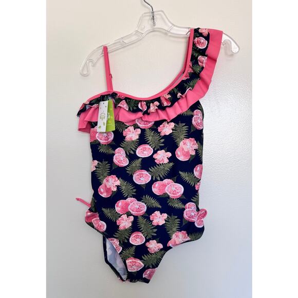 NWT Kalawalk One Shoulder Straps Ruffles Pink Lemon Printed Swimwear Size 16 - Picture 1 of 4